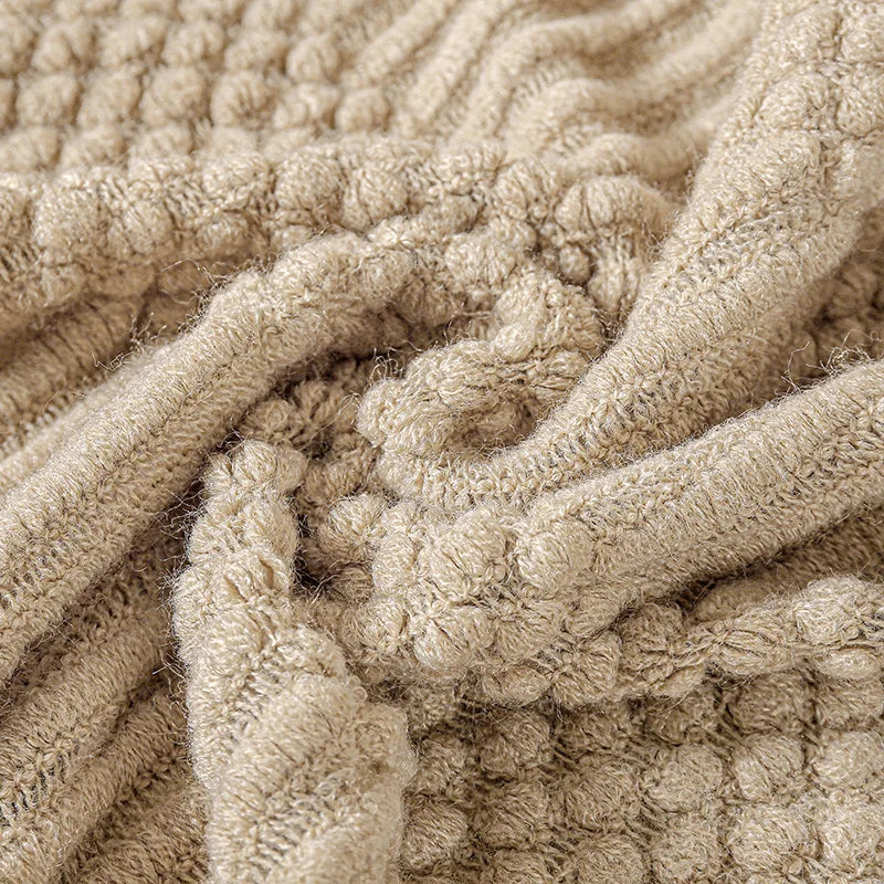 Plaid Tricot Épais Beige avec Glands - Couverture Canapé Vintage