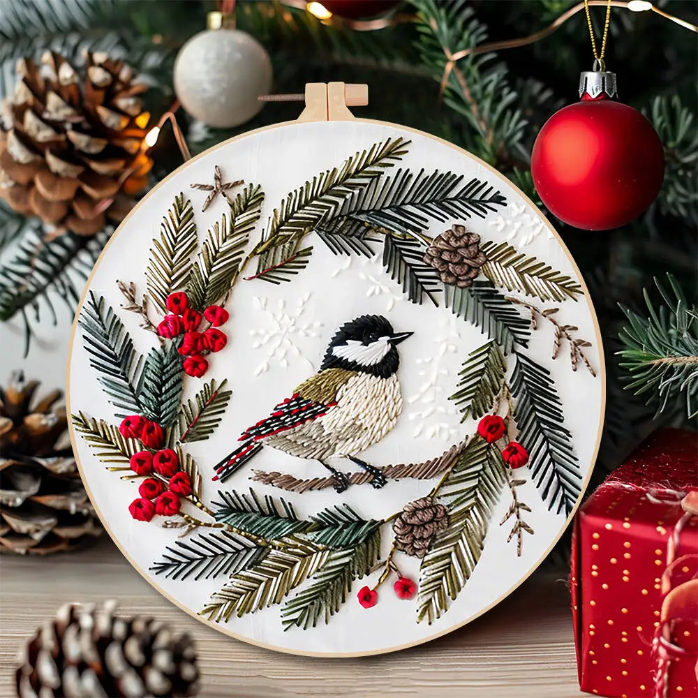 Kit Broderie Débutant – Motifs de Noël avec Cerceau 20×20 cm