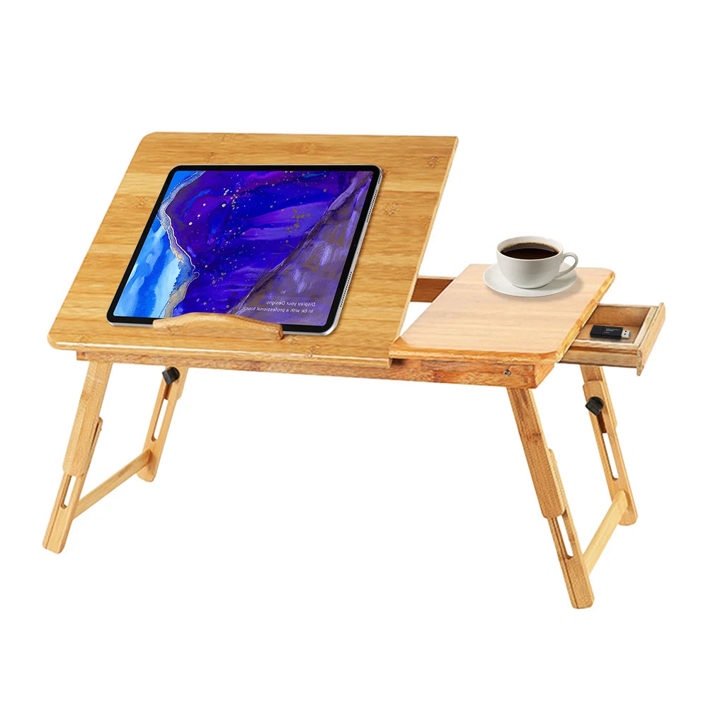Table de lit pliante en bambou avec tiroir – Bureau ajustable pour lit et canapé
