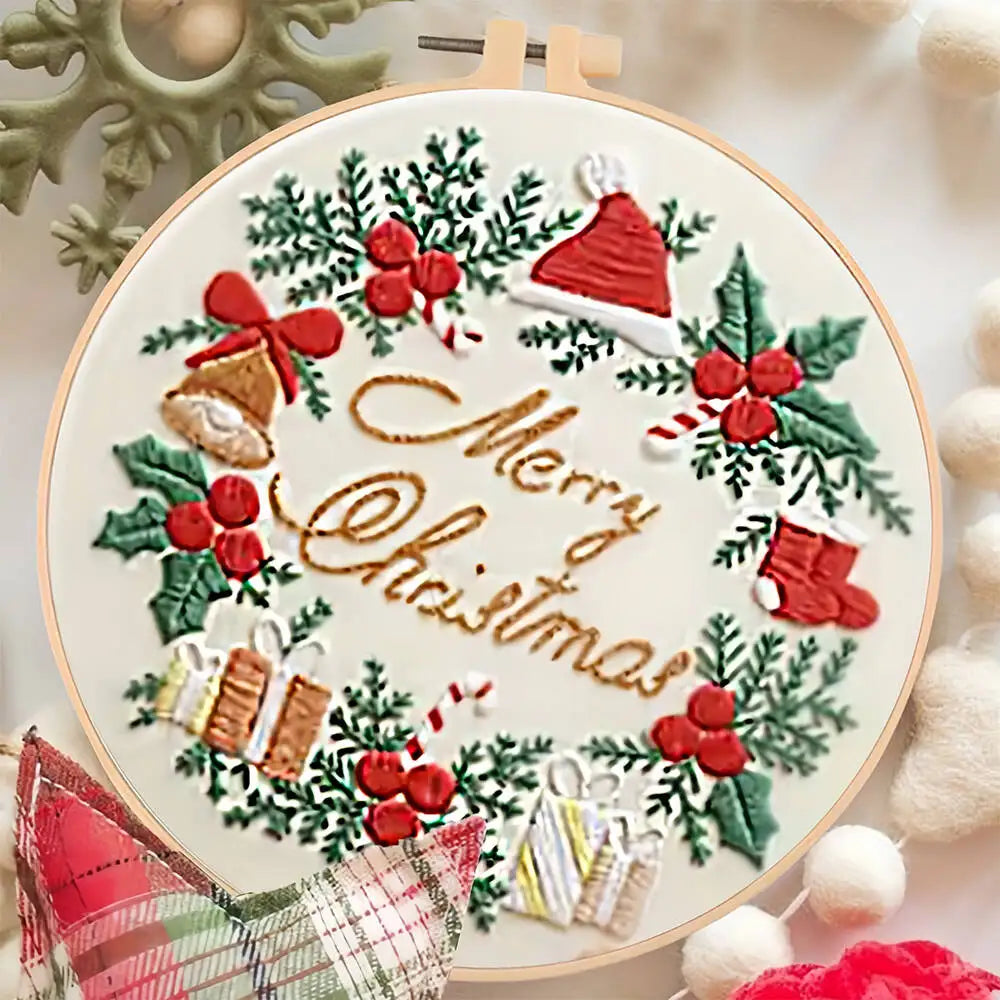 Kit Broderie Débutant – Motifs de Noël avec Cerceau 20×20 cm