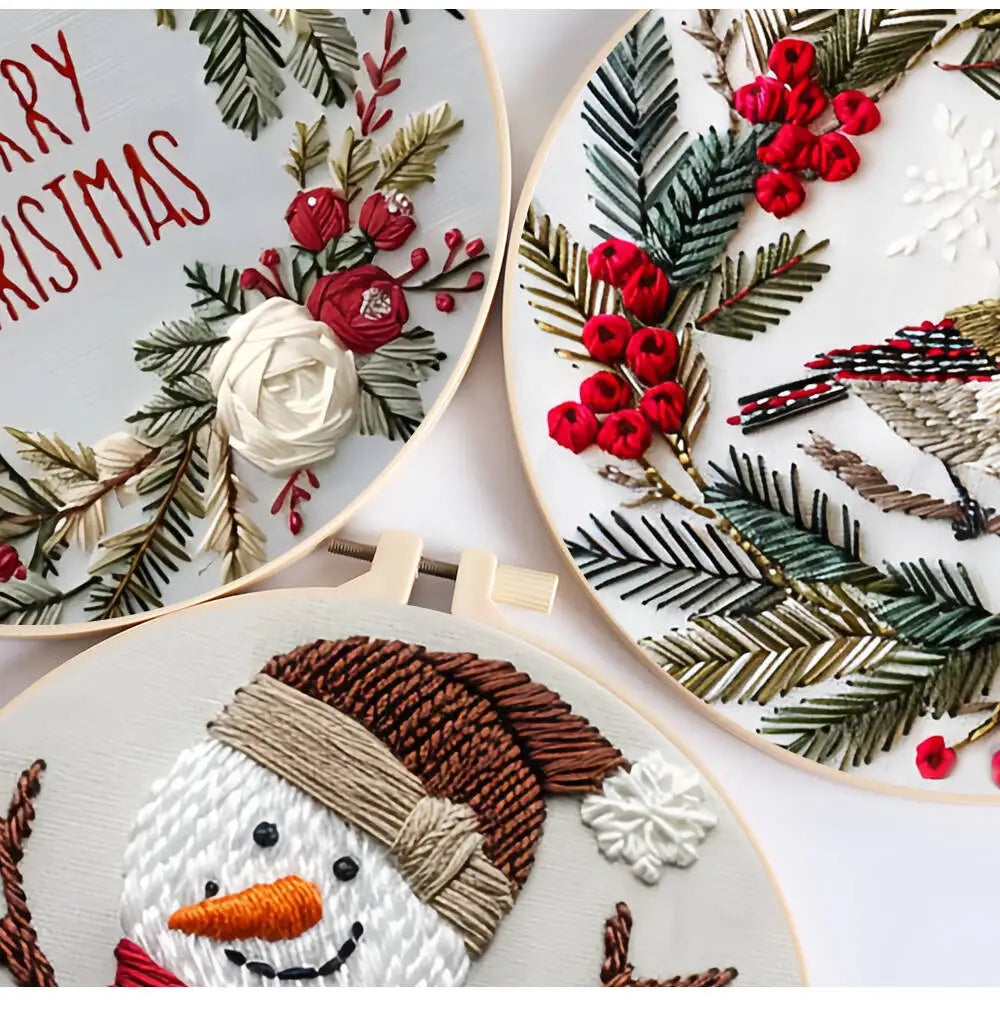 Kit Broderie Débutant – Motifs de Noël avec Cerceau 20×20 cm