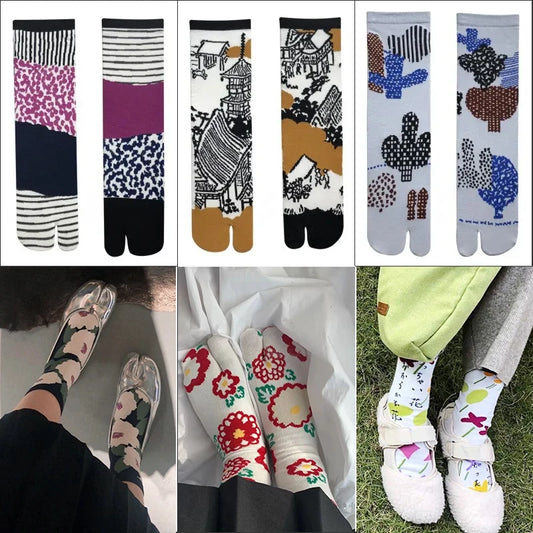 Japanese cotton mid-calf socks with two toes and cute patterns