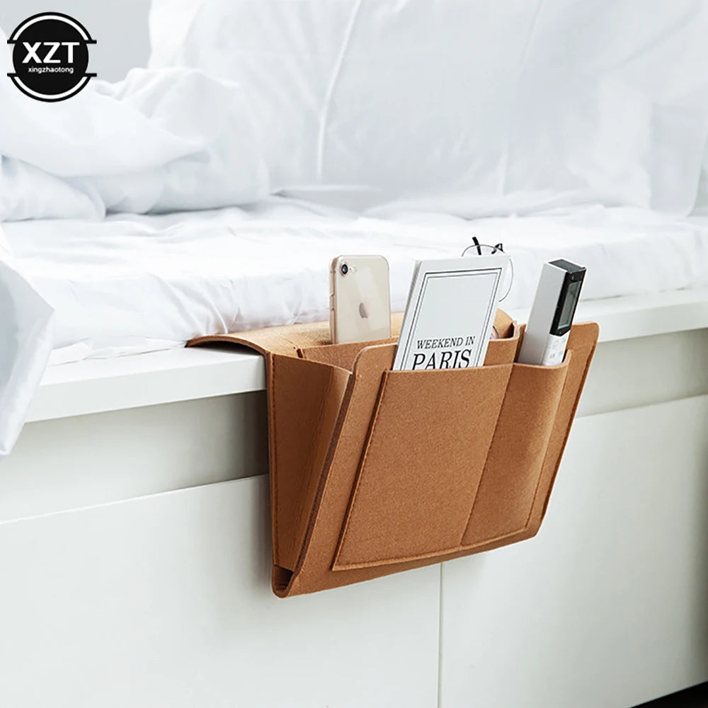 Organiseur bord de lit en feutre – Rangement suspendu téléphone, livre, mouchoirs