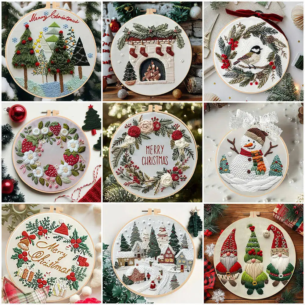 Kit Broderie Débutant – Motifs de Noël avec Cerceau 20×20 cm
