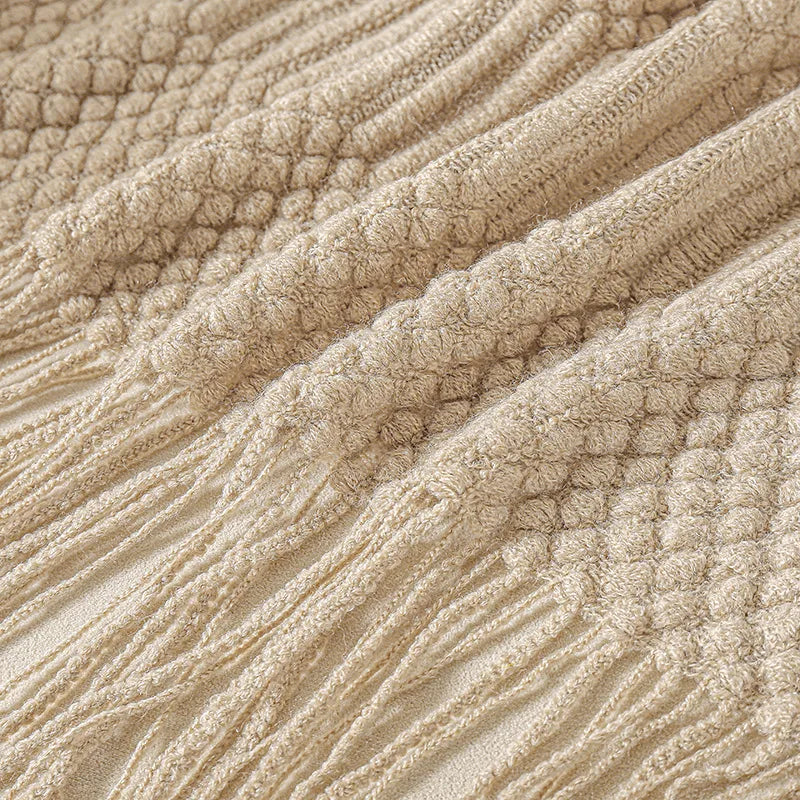 Plaid Tricot Épais Beige avec Glands - Couverture Canapé Vintage