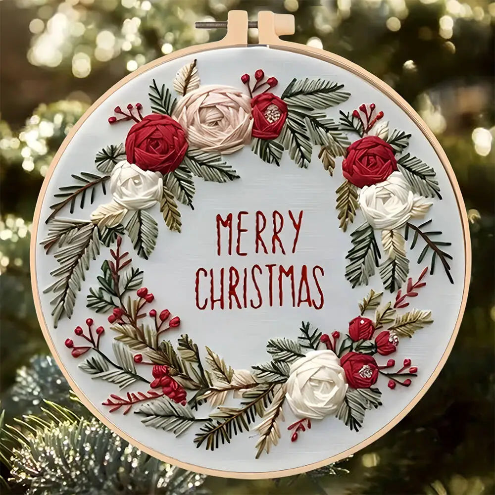 Kit Broderie Débutant – Motifs de Noël avec Cerceau 20×20 cm