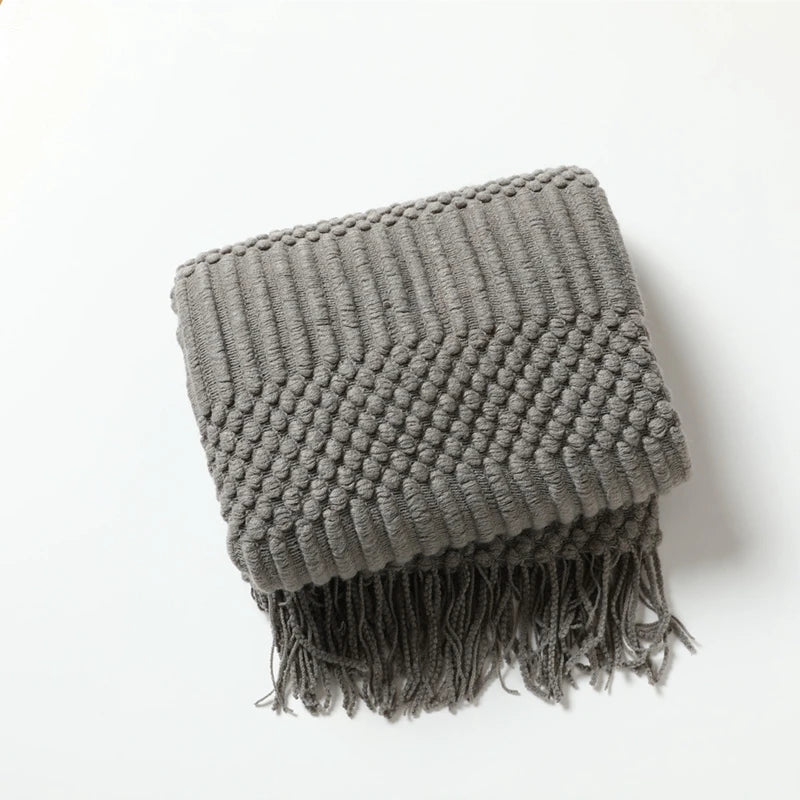 Plaid Tricot Épais Beige avec Glands - Couverture Canapé Vintage