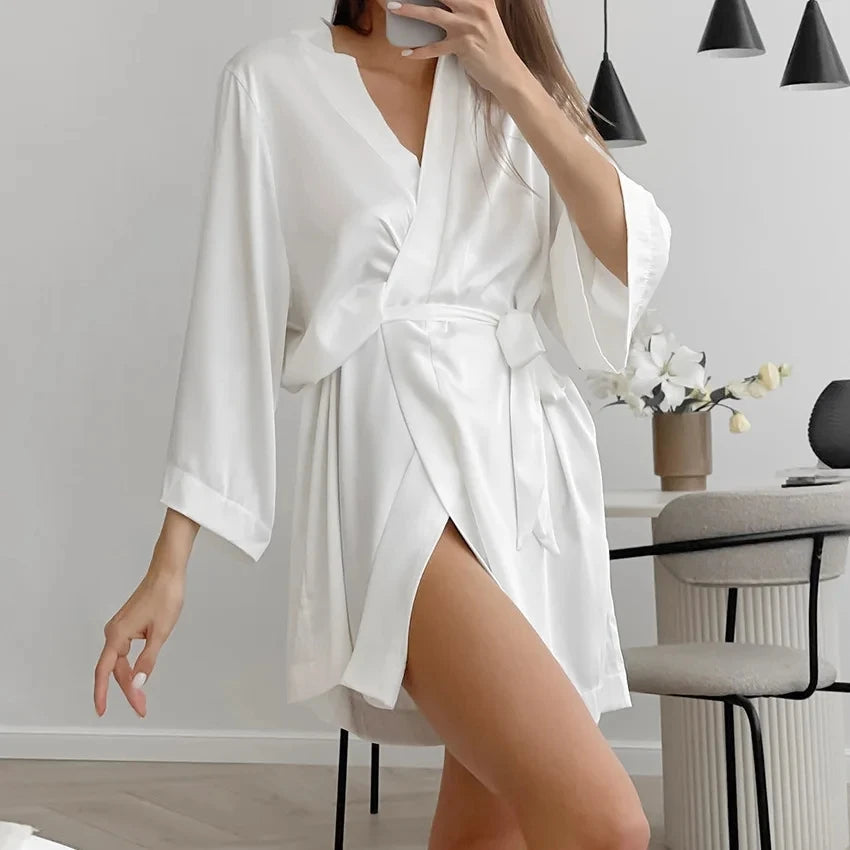 Kimono satin femme manches 3/4 – Robe de chambre mariée, nuit de noces et soirée
