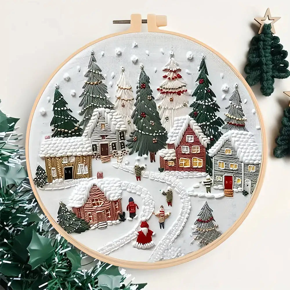 Kit Broderie Débutant – Motifs de Noël avec Cerceau 20×20 cm