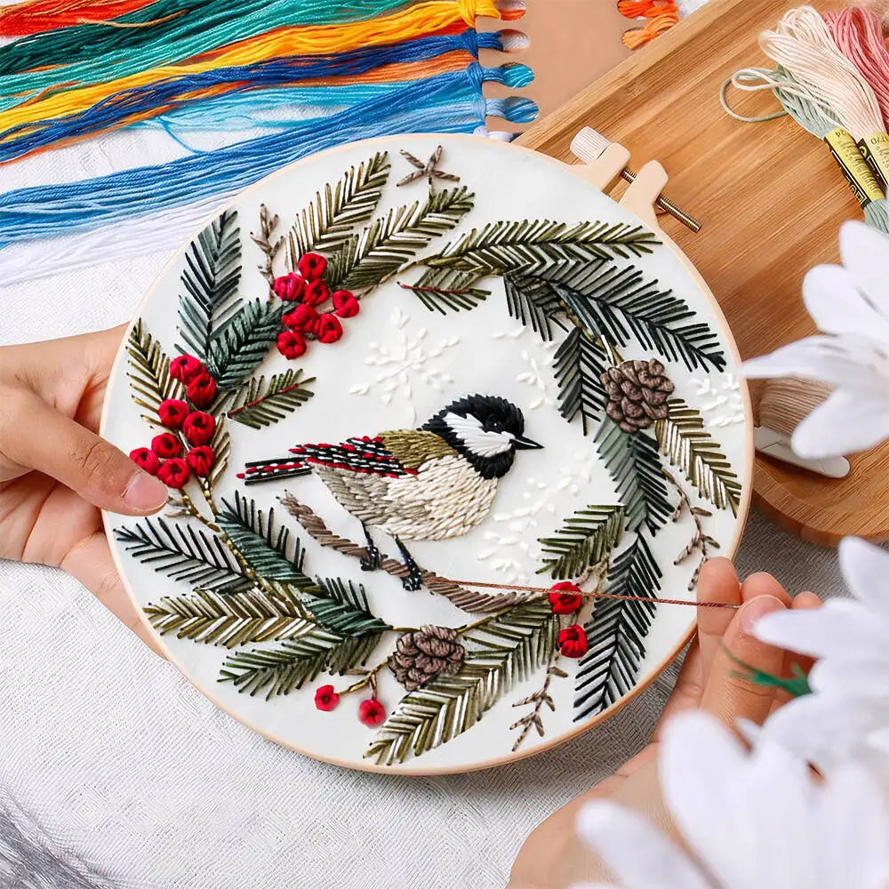 Kit Broderie Débutant – Motifs de Noël avec Cerceau 20×20 cm