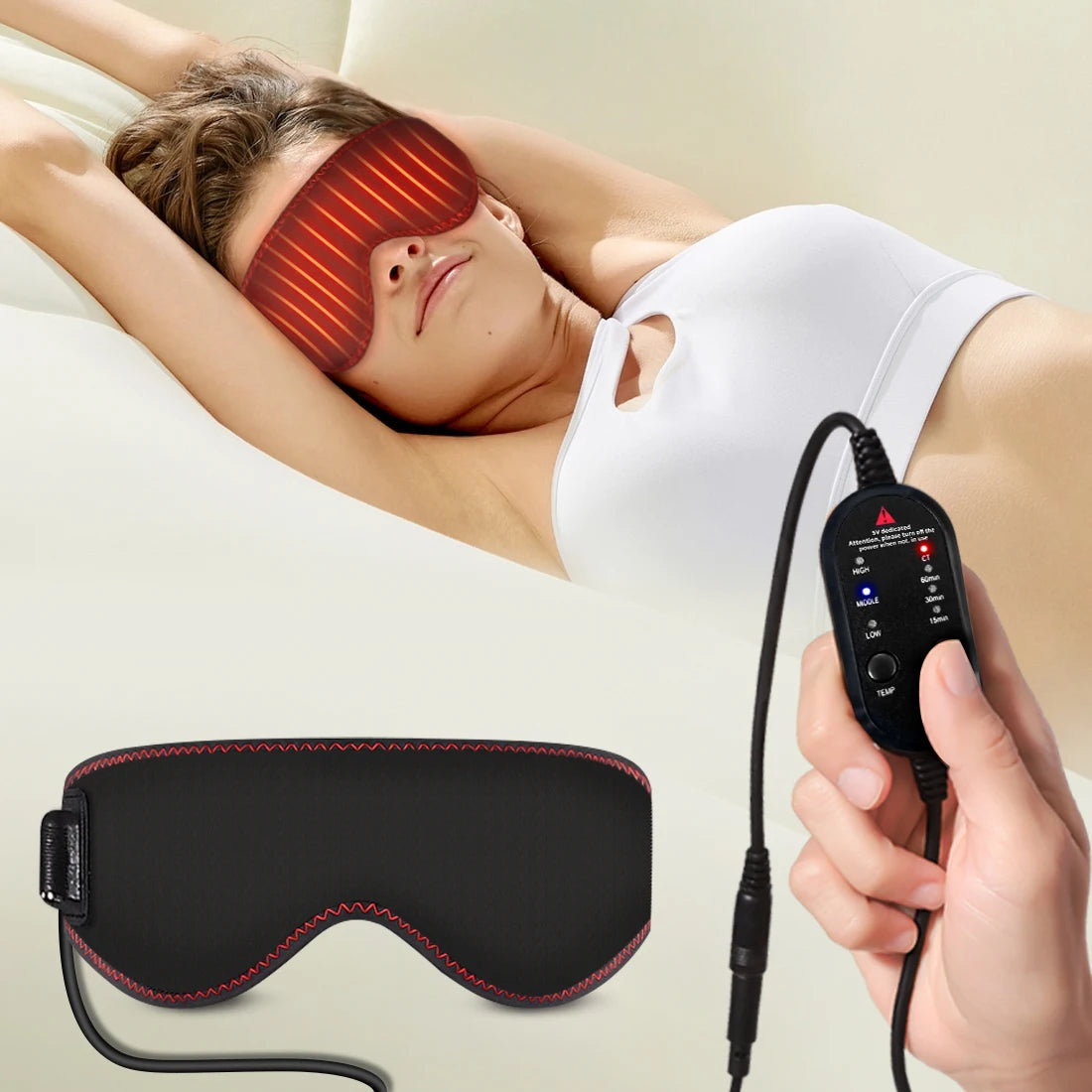 Masque yeux chauffant USB, 3 niveaux de chaleur et minuterie