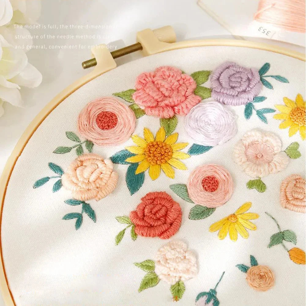 Kit Broderie Fleurs Débutant – Motifs Botaniques avec Cerceau 20×20 cm