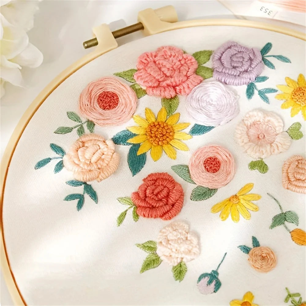 Kit Broderie Fleurs Débutant – Motifs Botaniques avec Cerceau 20×20 cm