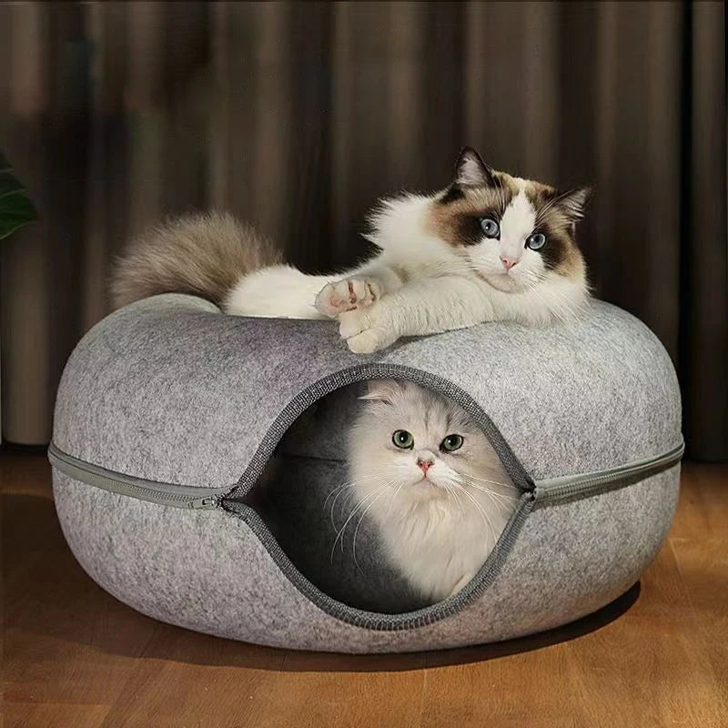 Tunnel donut en feutre pour chats – Jouet maison cosy et pliable