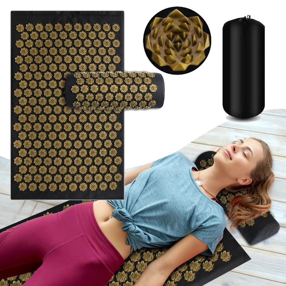 Tapis d'acupression yoga avec coussin et oreiller cervical – Lot 3 pièces pour détente et soulagement du dos