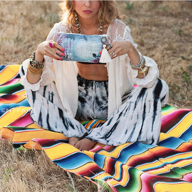 Plaid bohème tissé style mexicain pour plage ou déco ethnique