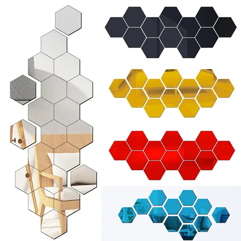 Stickers muraux miroir hexagonaux auto-adhésifs, effet mosaïque