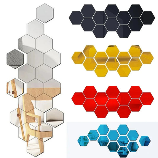 Stickers muraux miroir hexagonaux auto-adhésifs, effet mosaïque