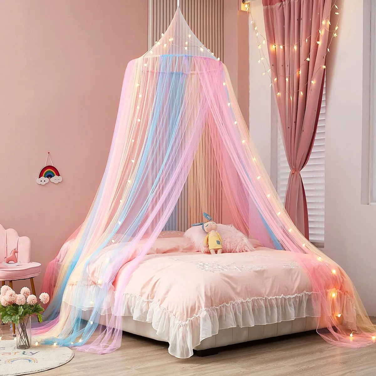 Moustiquaire dôme arc-en-ciel bébé, ciel de lit suspendu princesse
