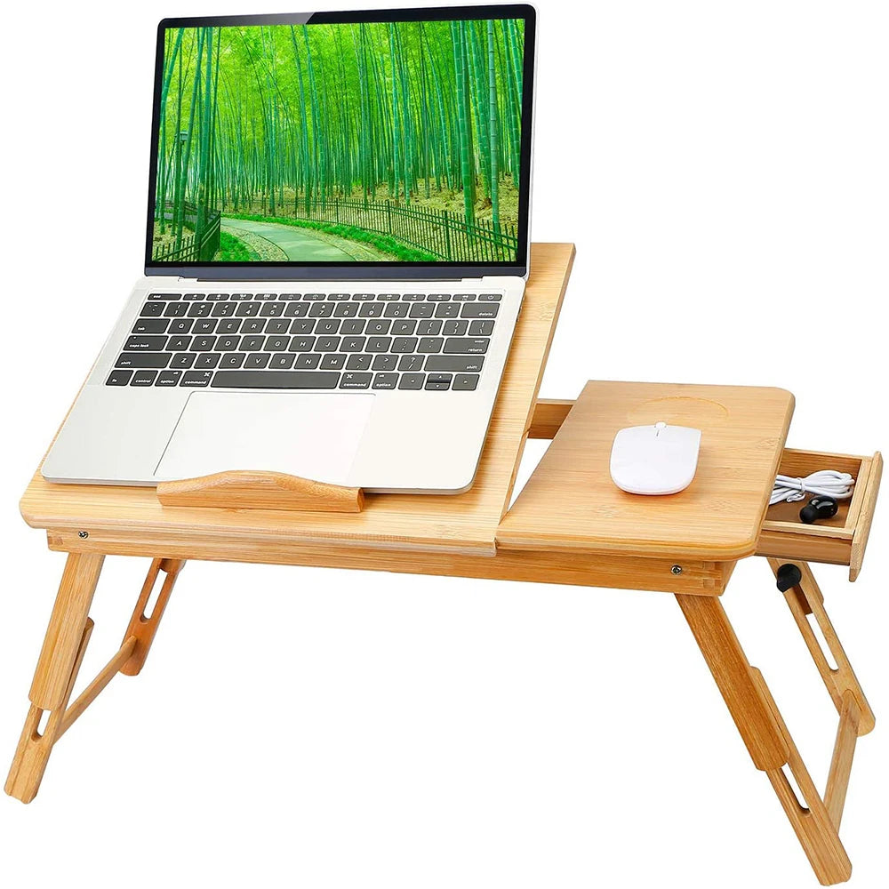 Table de lit pliante en bambou avec tiroir – Bureau ajustable pour lit et canapé