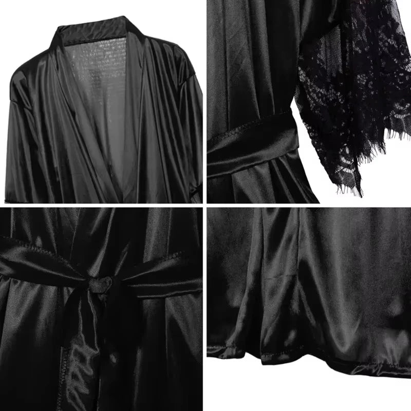 Nuisette satin à dentelle femme – Robe de nuit française élégante mi-manche