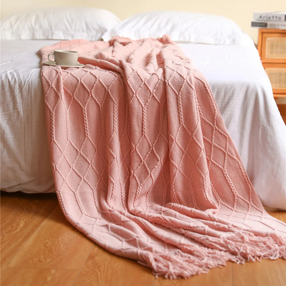 Plaid Tricot Épais Beige avec Glands - Couverture Canapé Vintage