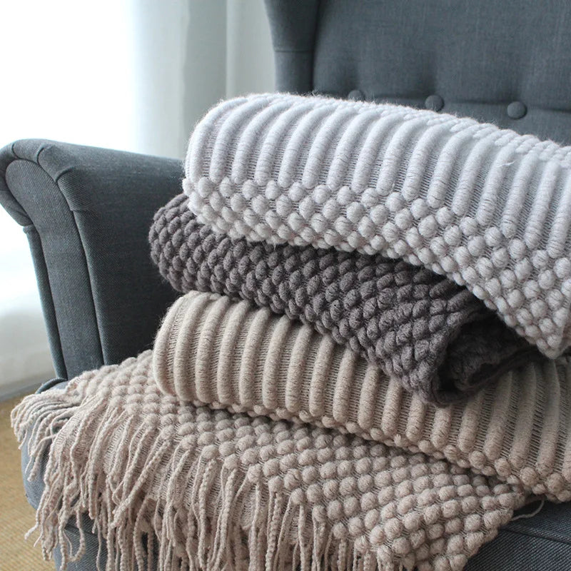 Plaid Tricot Épais Beige avec Glands - Couverture Canapé Vintage