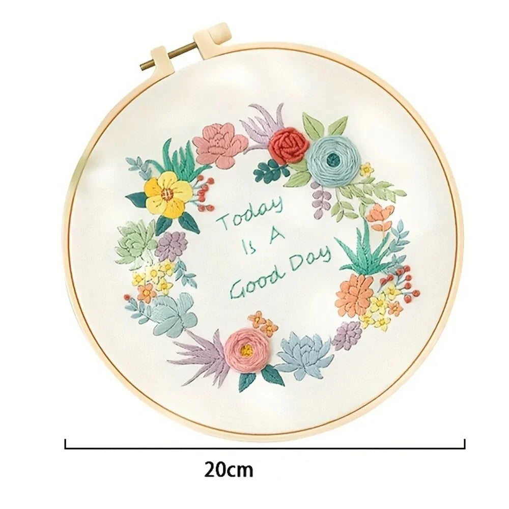 Kit Broderie Fleurs Débutant – Motifs Botaniques avec Cerceau 20×20 cm