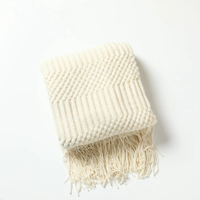 Plaid Tricot Épais Beige avec Glands - Couverture Canapé Vintage