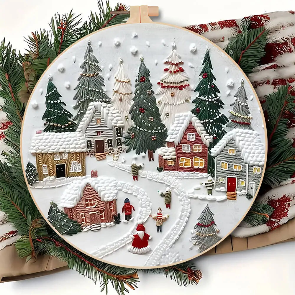 Kit Broderie Débutant – Motifs de Noël avec Cerceau 20×20 cm
