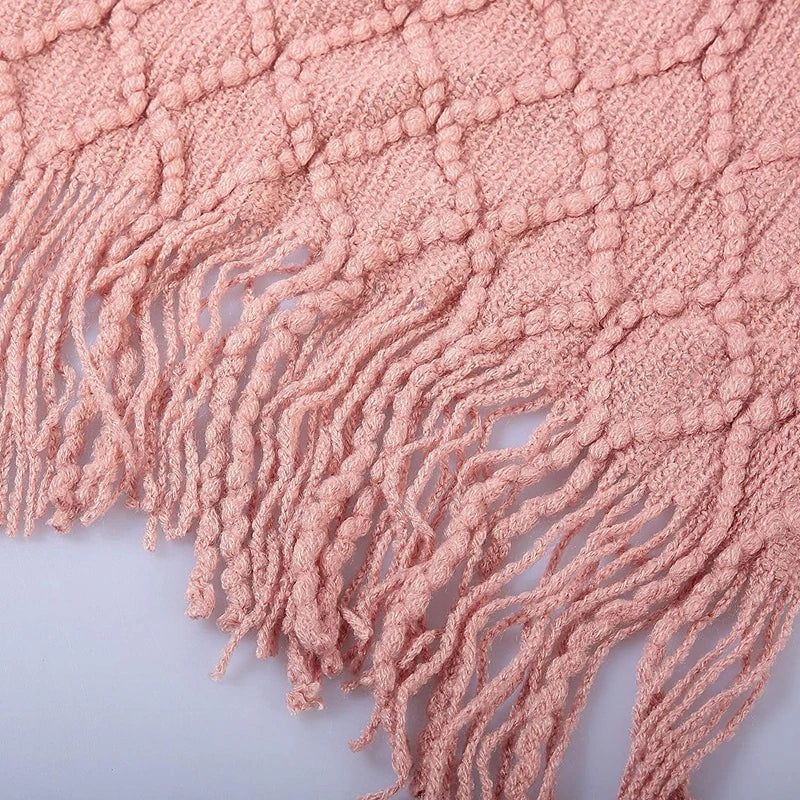 Plaid Tricot Épais Beige avec Glands - Couverture Canapé Vintage
