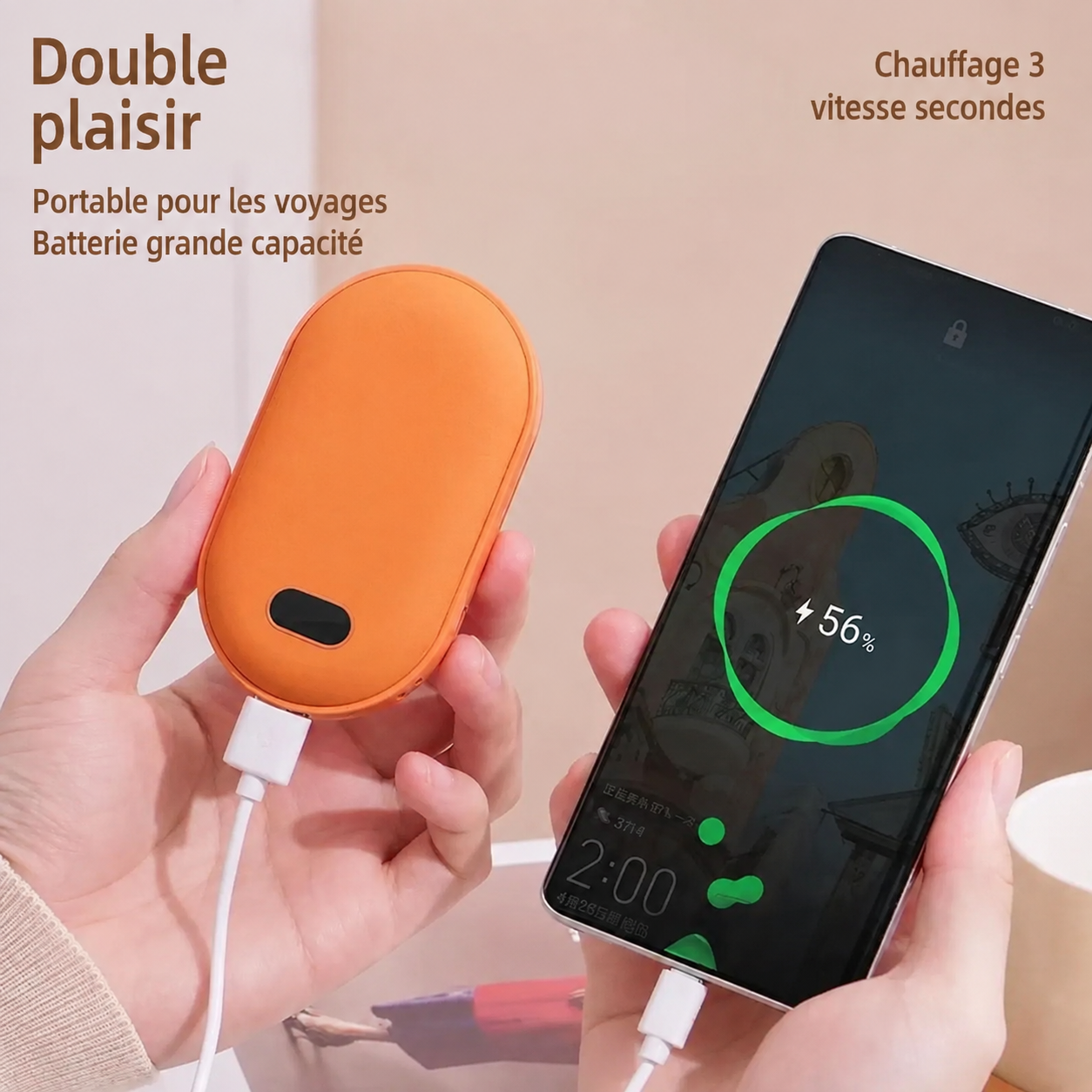 Chauffe-mains 2-en-1 USB avec batterie externe intégrée et chaleur rapide