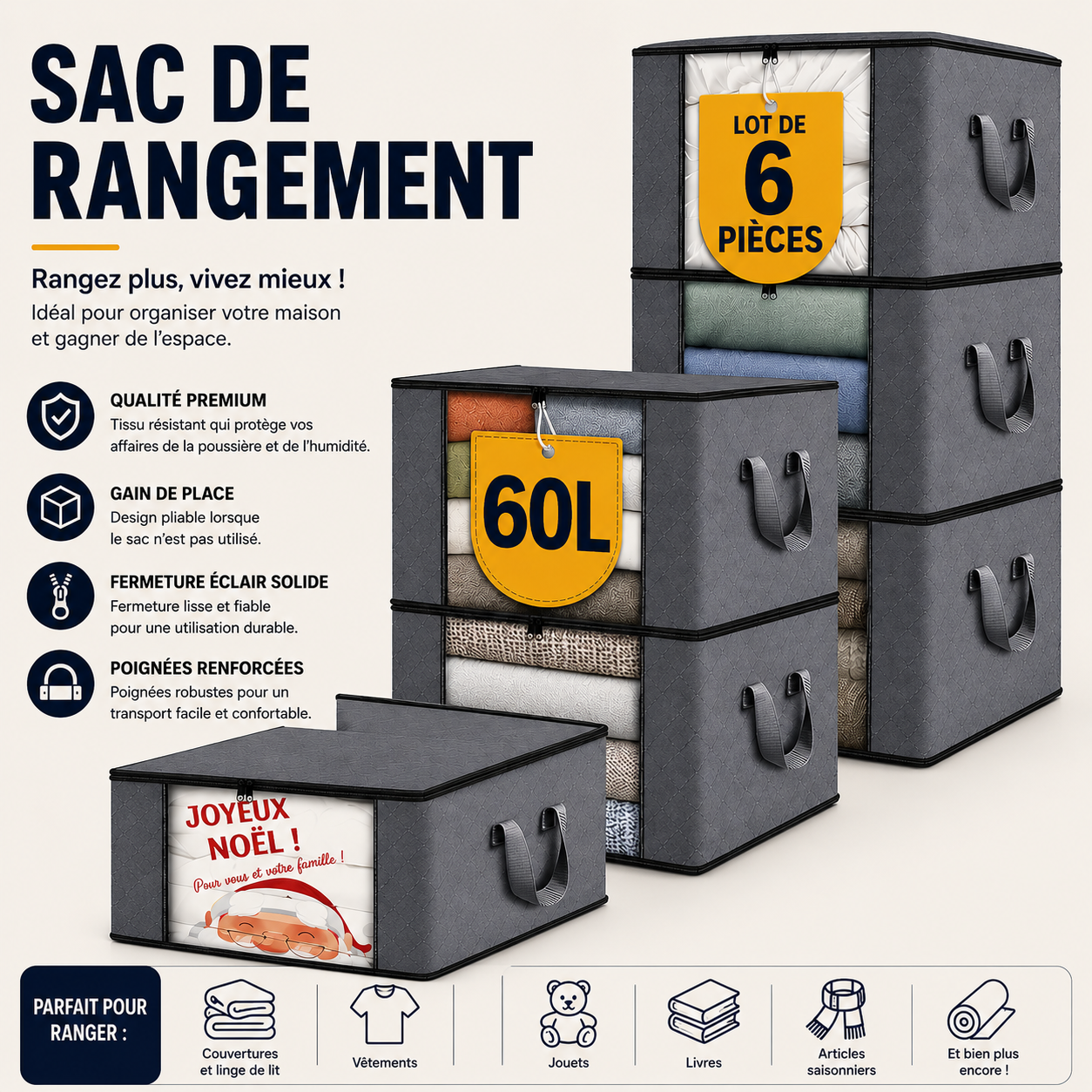 Bac de rangement vêtements pliable grande capacité – Lot 1, 3 ou 6 pièces, 35 à 90L