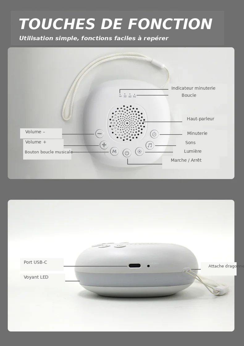 Machine à bruit blanc avec lumière LED respirante et 20 sons