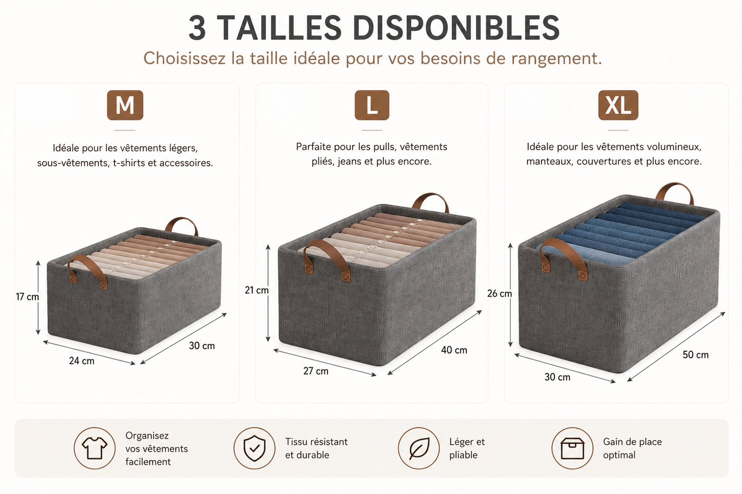 Boîte de rangement tissu pliable – Organiseur armoire vêtements et pantalons, 5 tailles