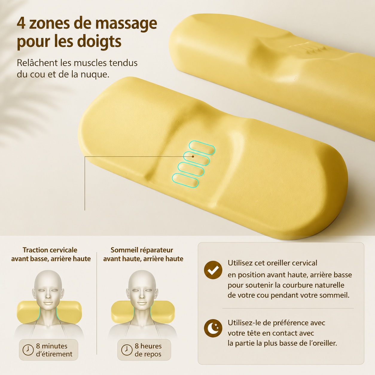 Oreiller cervical ergonomique à contours en mousse à mémoire de forme