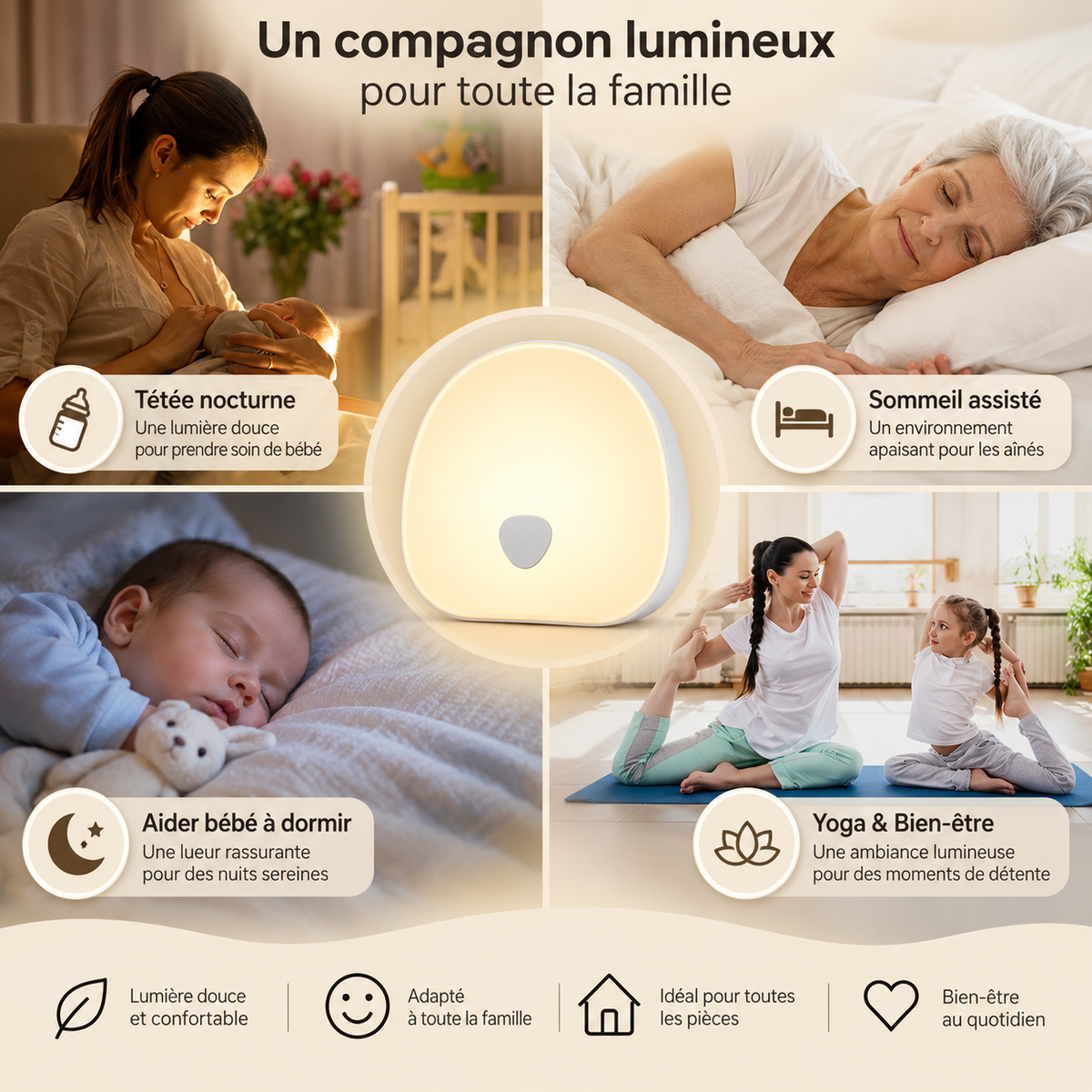Veilleuse LED Tactile et Machine à Bruit Blanc 2-en-1, 10 Sons, Minuterie, Rechargeable USB-C