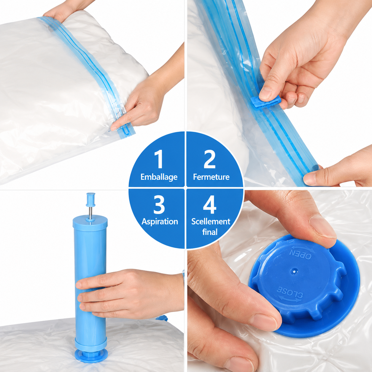 Sacs de compression sous vide – Lot 1 à 12 pièces avec ou sans pompe, 6 dimensions