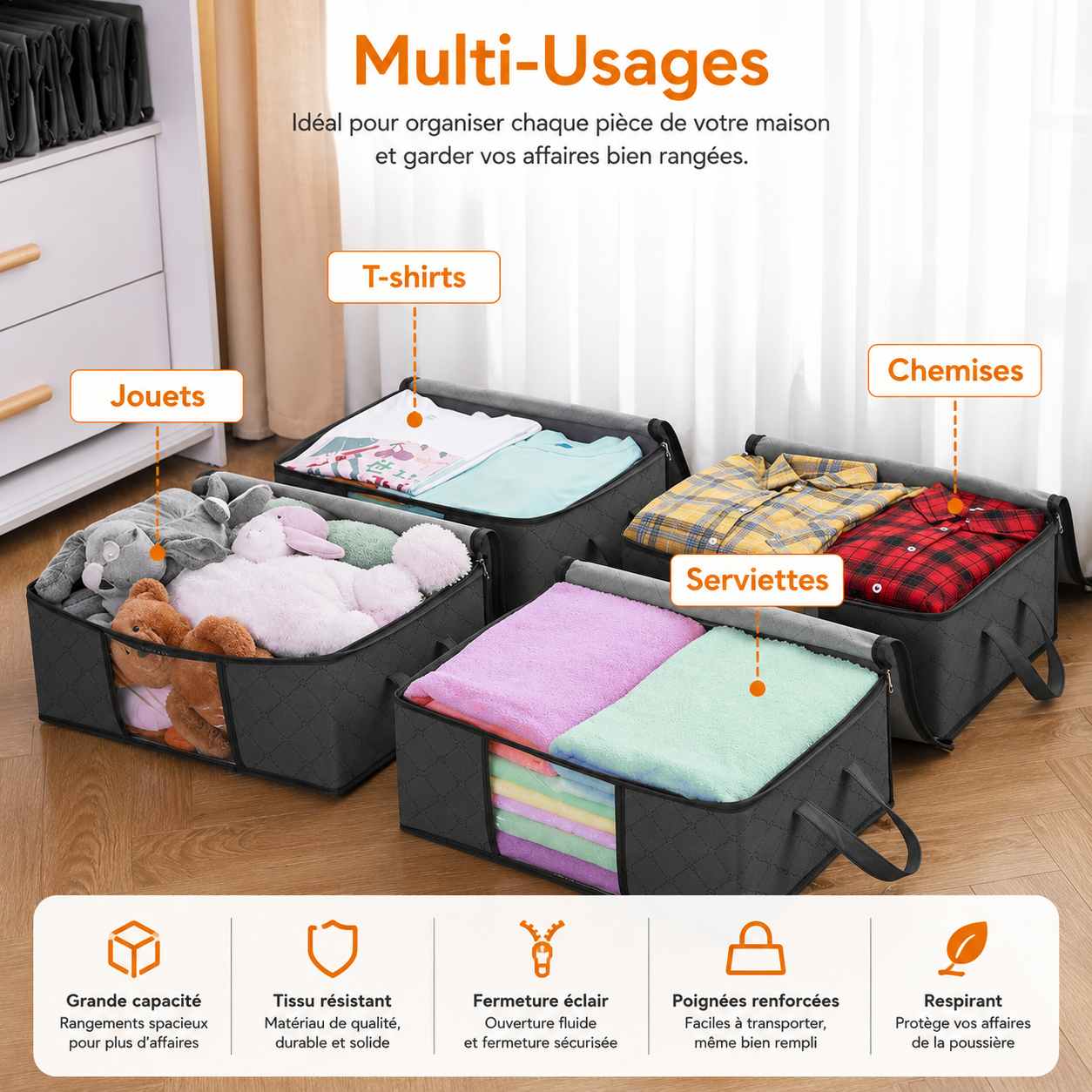 Bac de rangement vêtements pliable grande capacité – Lot 1, 3 ou 6 pièces, 35 à 90L