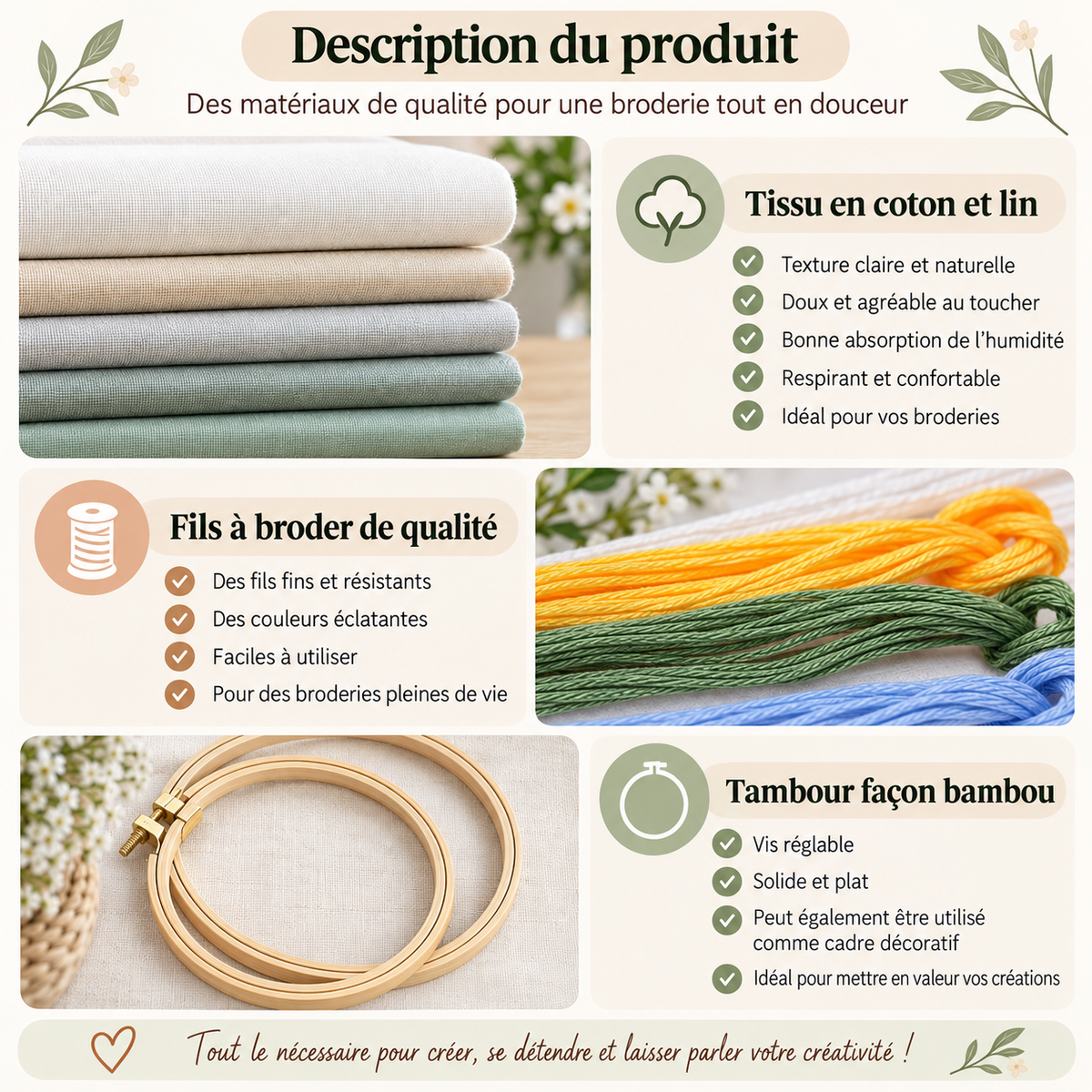 Kit Broderie Fleurs Blanches Débutant – Motifs Végétaux avec Cerceau 20×20 cm