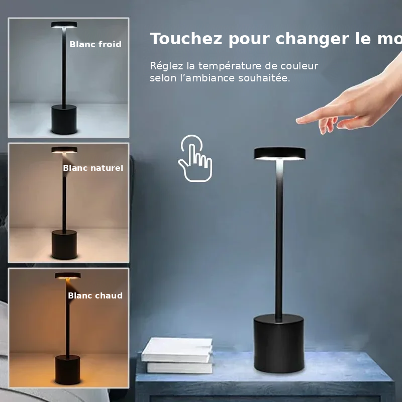 Lampe de chevet tactile LED rechargeable – 3 températures de couleur réglables