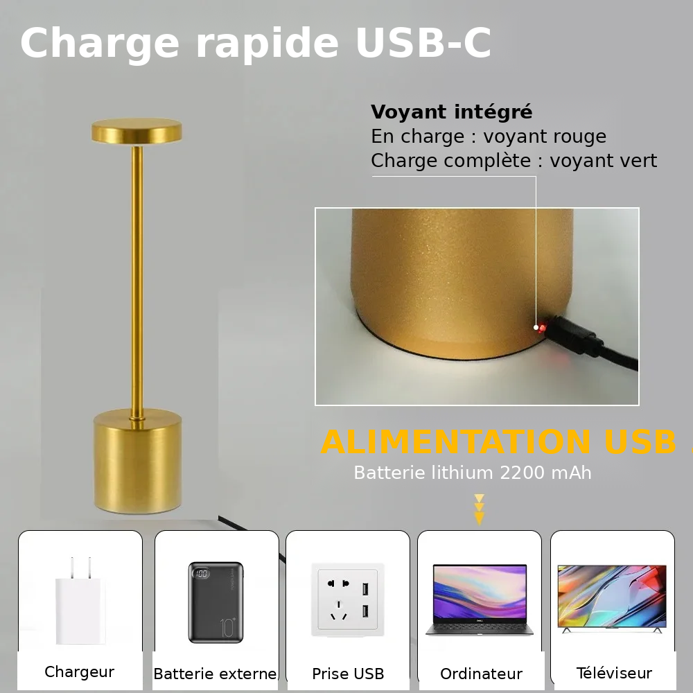 Lampe de chevet tactile LED rechargeable – 3 températures de couleur réglables